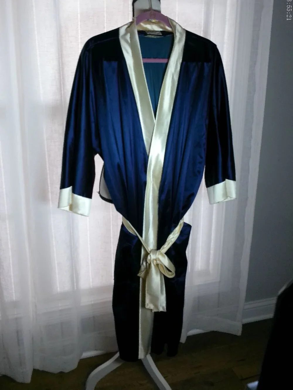 SEARS THE MEN'S STORE Vintage 3/4 Slve Open w/Belt Navy Blue/White Trim Robe O/S